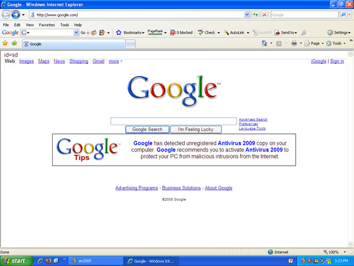 Google homepage hijacked by Antivirus 2009