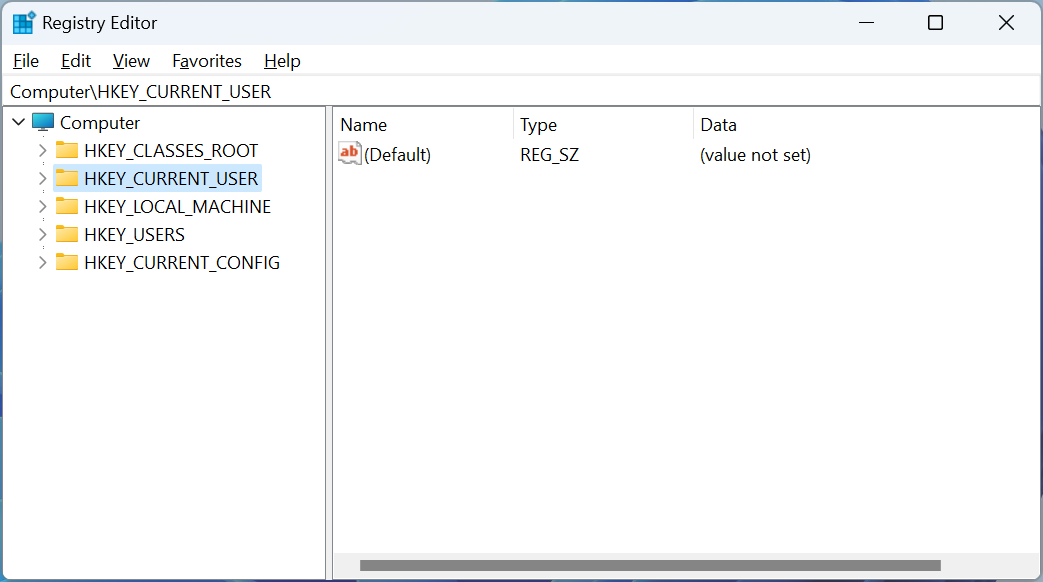 The Windows Registry Editor showing the five root keys